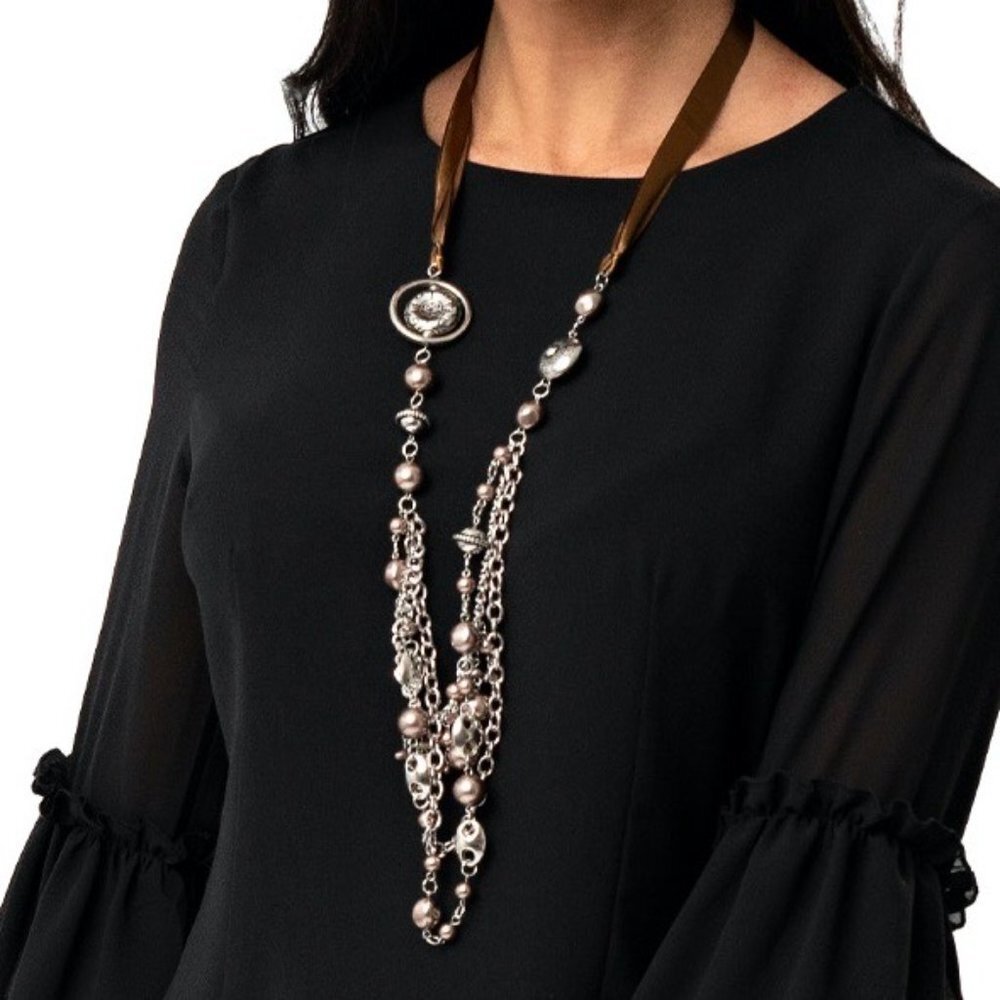 Gorgeous Gold Silver & Brown Beaded Ribbon Fashion Necklace